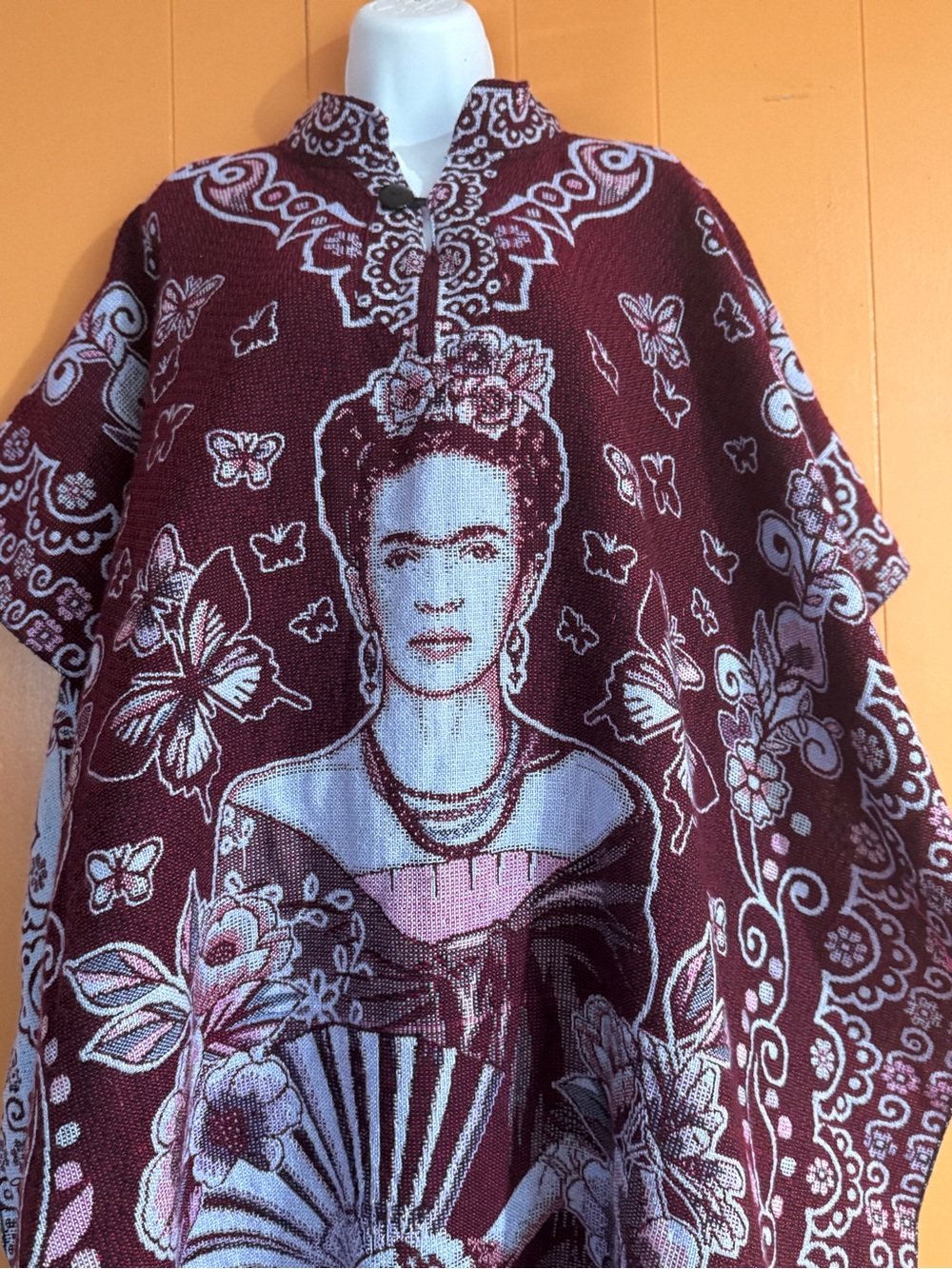 Women's Maroon Frida Kahlo-Style Knit Poncho Sweater